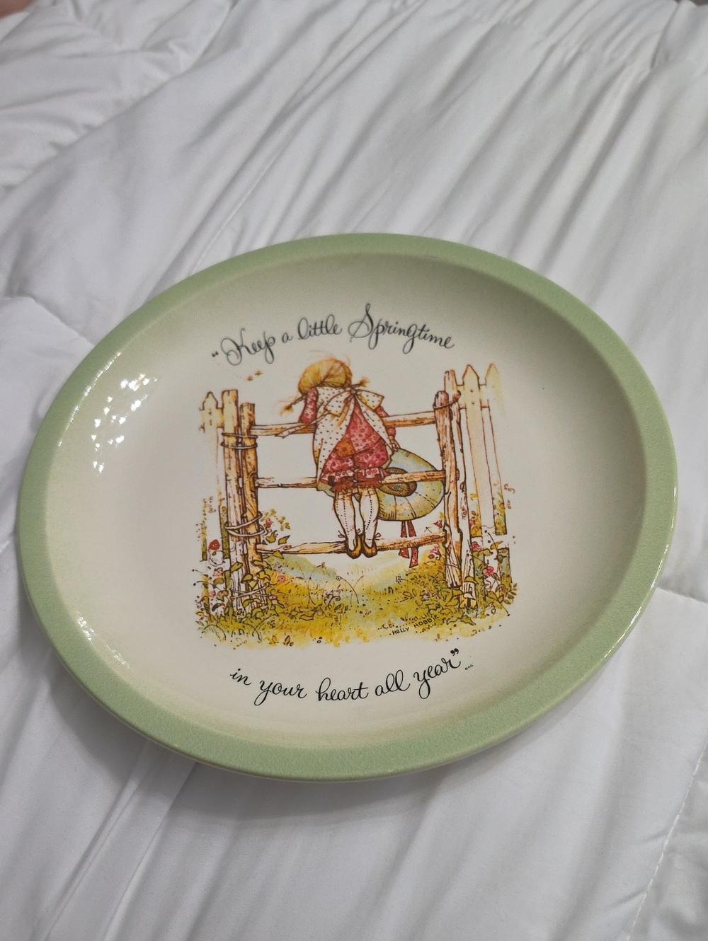 Decorative Green Rim Ceramic Plate with Springtime Illustration